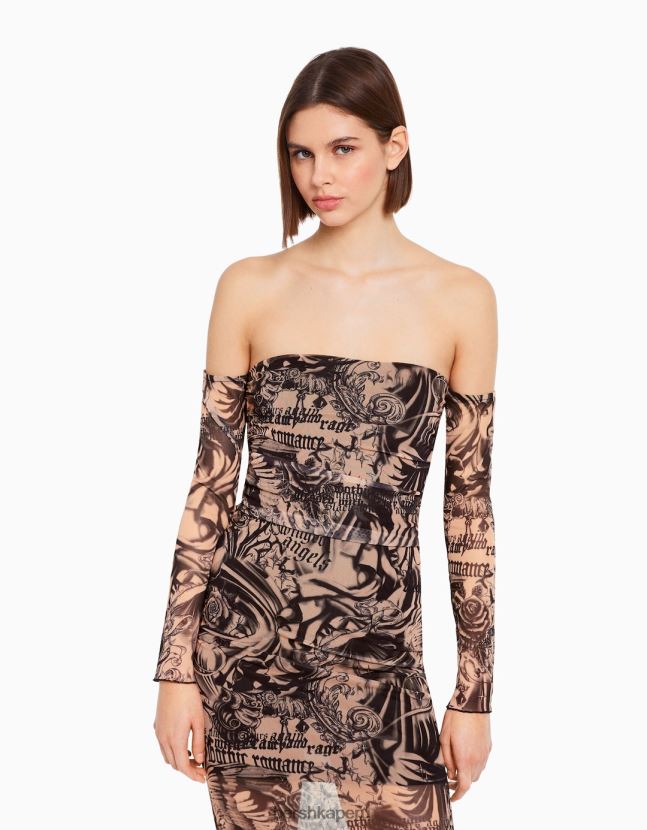 rosa Bershka mujer vestido largo de tirantes de tul 806J6B245