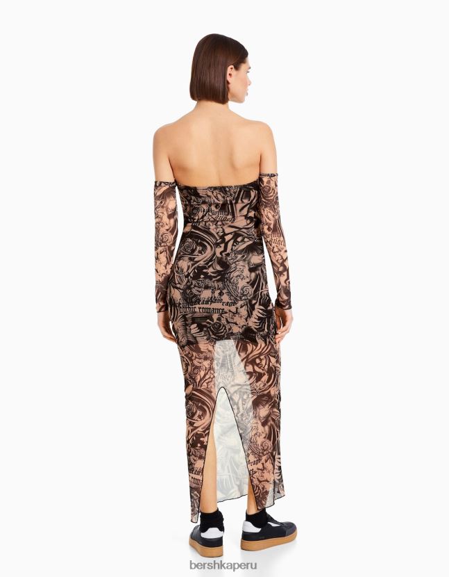 rosa Bershka mujer vestido largo de tirantes de tul 806J6B245