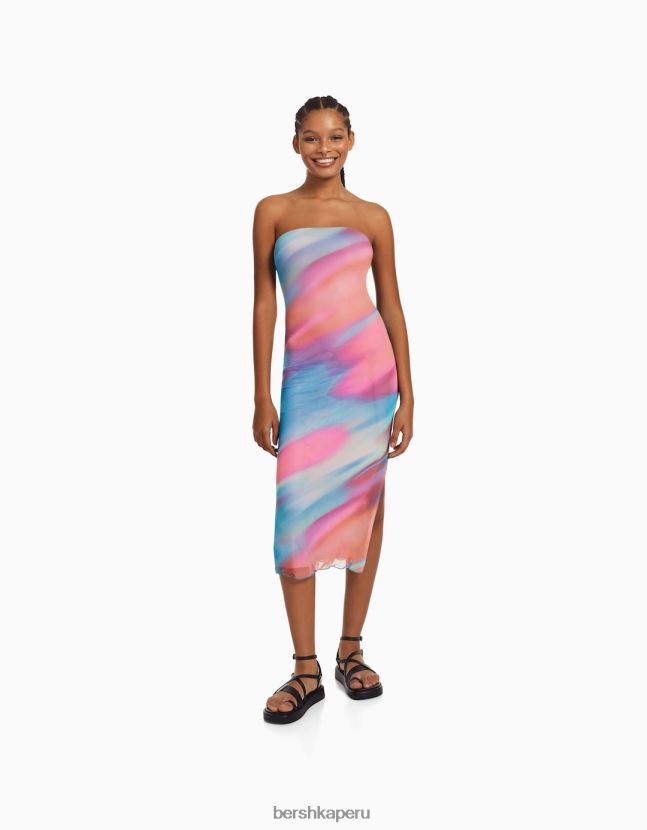 rosa Bershka mujer vestido midi con hombros descubiertos y estampado 806J6B94
