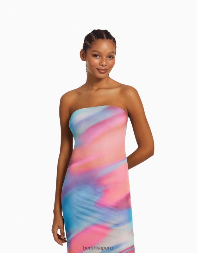 rosa Bershka mujer vestido midi con hombros descubiertos y estampado 806J6B94