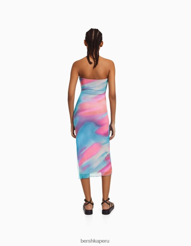 rosa Bershka mujer vestido midi con hombros descubiertos y estampado 806J6B94