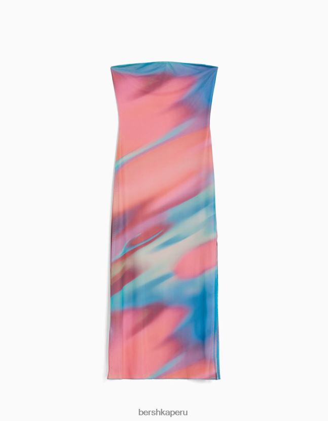 rosa Bershka mujer vestido midi con hombros descubiertos y estampado 806J6B94