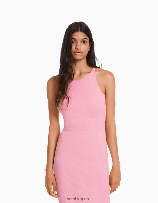 rosa Bershka mujer vestido midi de canalé sin mangas 806J6B7