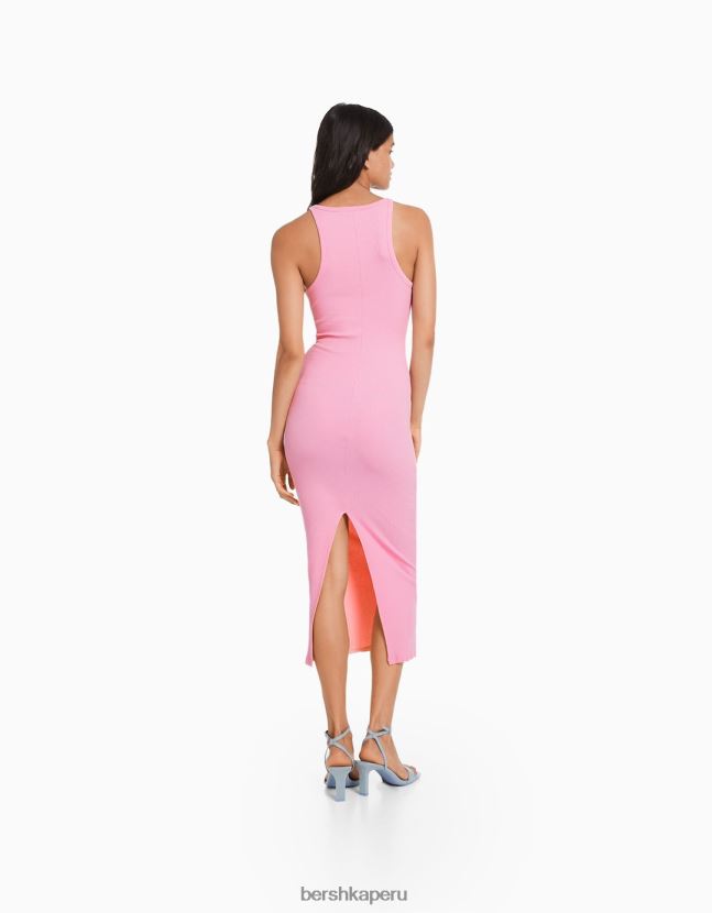 rosa Bershka mujer vestido midi de canalé sin mangas 806J6B7
