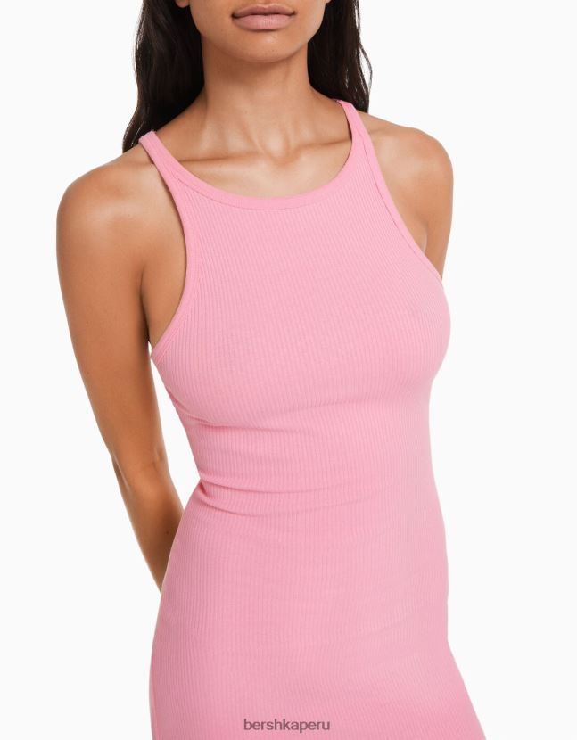 rosa Bershka mujer vestido midi de canalé sin mangas 806J6B7