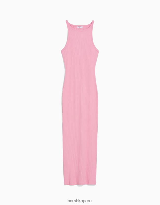 rosa Bershka mujer vestido midi de canalé sin mangas 806J6B7
