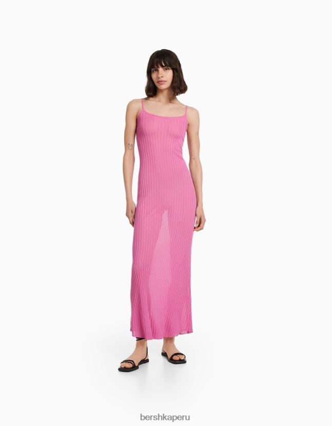 rosa Bershka mujer vestido midi transparente de punto canalé con tirantes 806J6B174