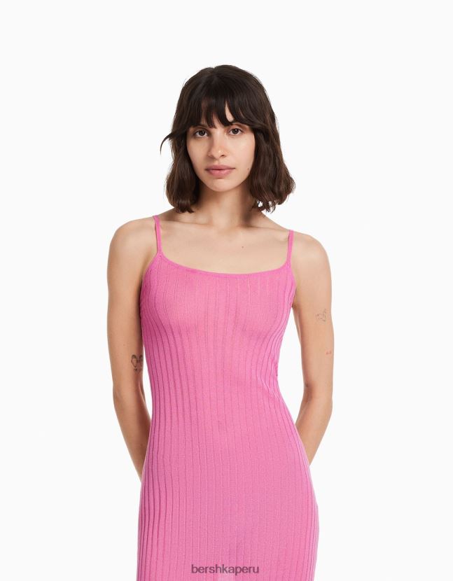 rosa Bershka mujer vestido midi transparente de punto canalé con tirantes 806J6B174
