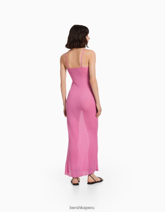 rosa Bershka mujer vestido midi transparente de punto canalé con tirantes 806J6B174