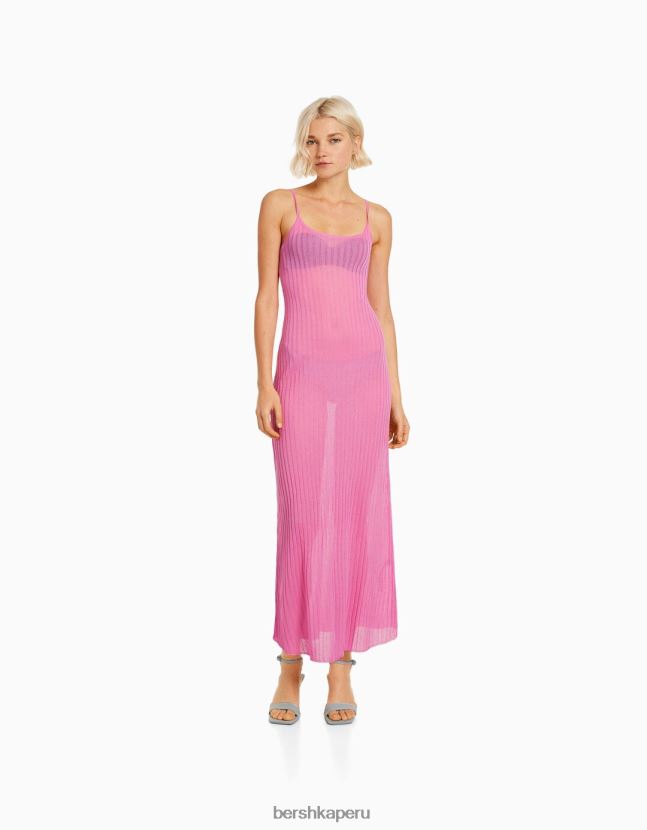 rosa Bershka mujer vestido midi transparente de punto canalé con tirantes 806J6B1903