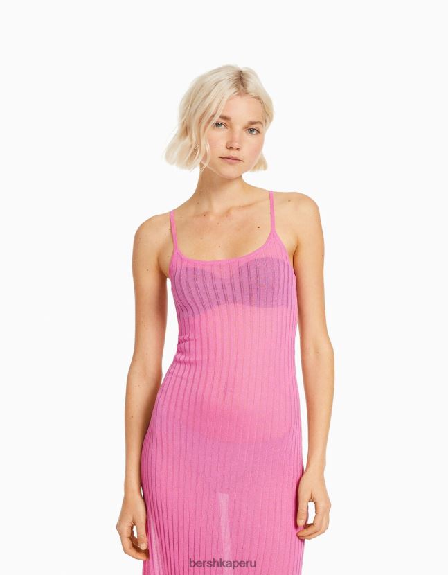 rosa Bershka mujer vestido midi transparente de punto canalé con tirantes 806J6B1903