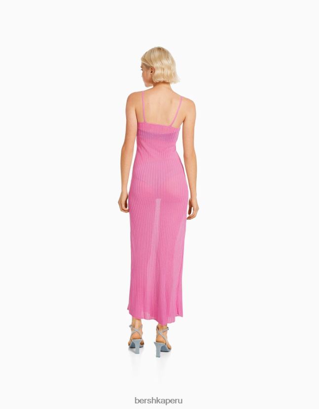 rosa Bershka mujer vestido midi transparente de punto canalé con tirantes 806J6B1903