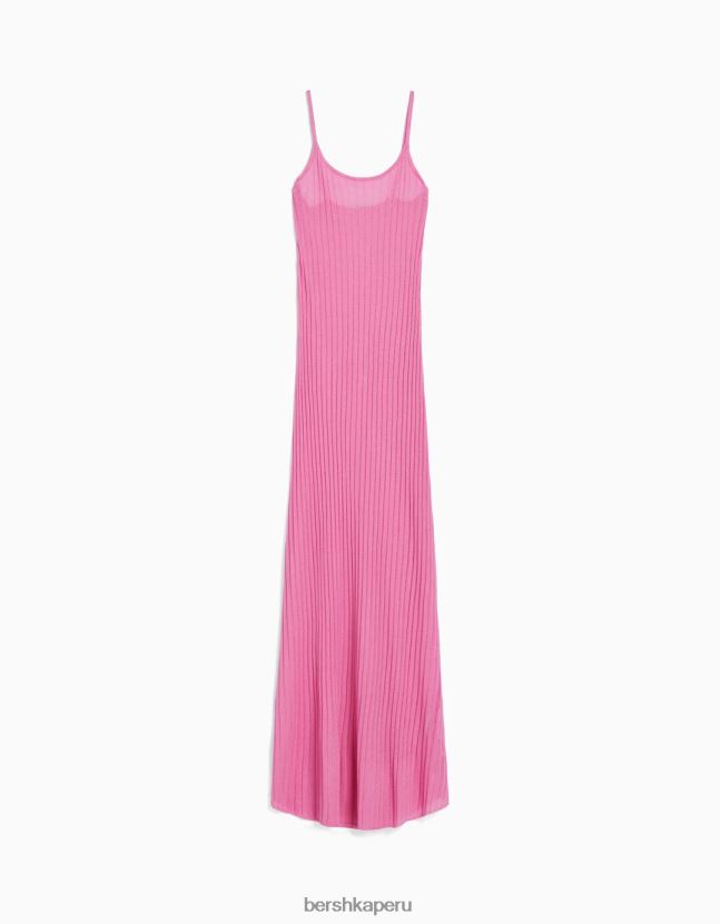 rosa Bershka mujer vestido midi transparente de punto canalé con tirantes 806J6B1903