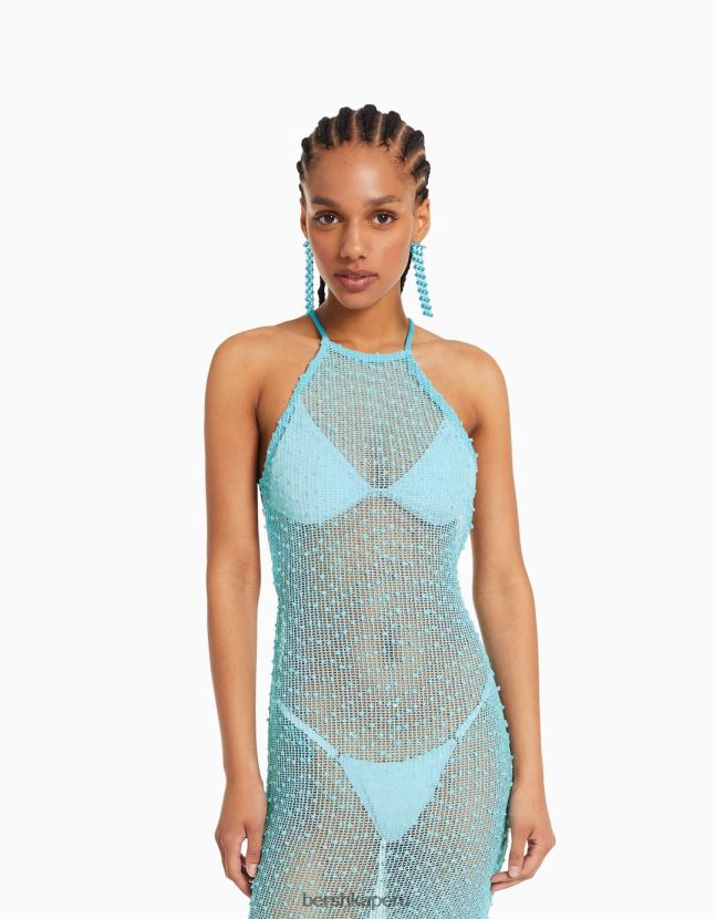 turquesa Bershka mujer vestido largo de malla con cuello halter 806J6B147
