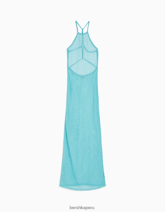 turquesa Bershka mujer vestido largo de malla con cuello halter 806J6B147