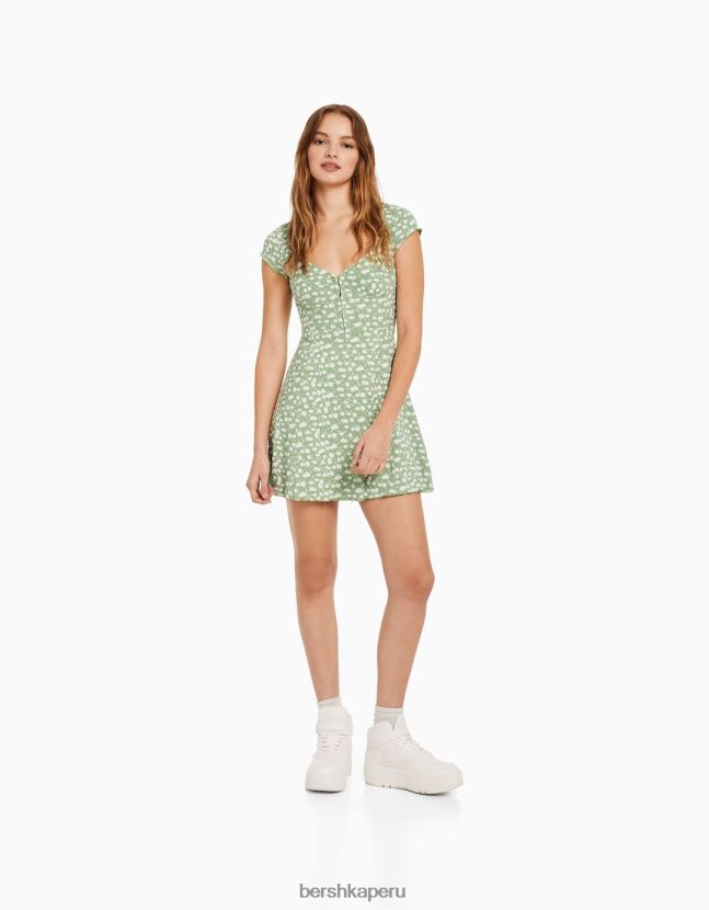 verde Bershka mujer mini vestido estampado de manga corta con escote 806J6B272