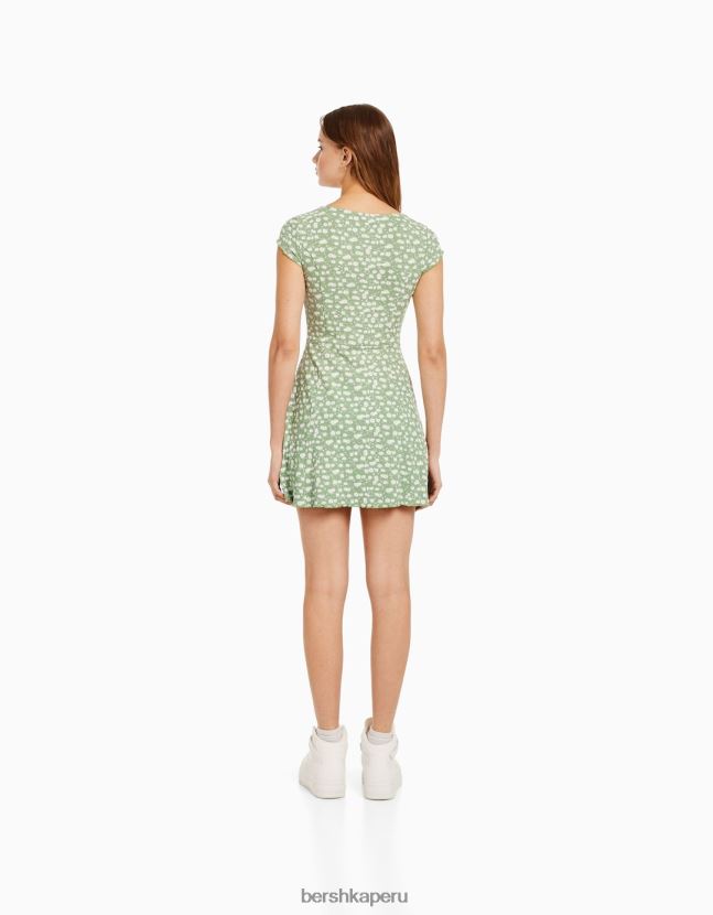 verde Bershka mujer mini vestido estampado de manga corta con escote 806J6B272