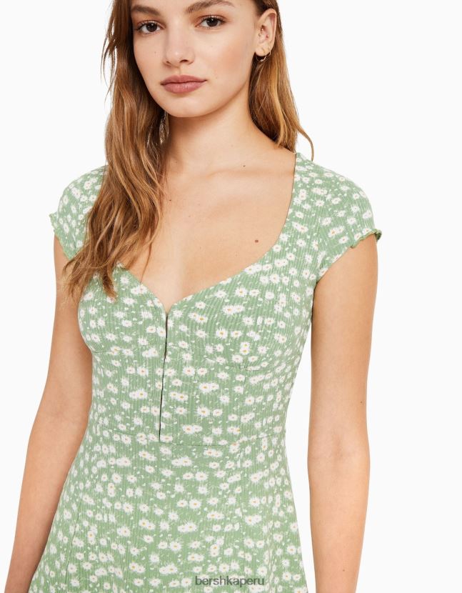 verde Bershka mujer mini vestido estampado de manga corta con escote 806J6B272