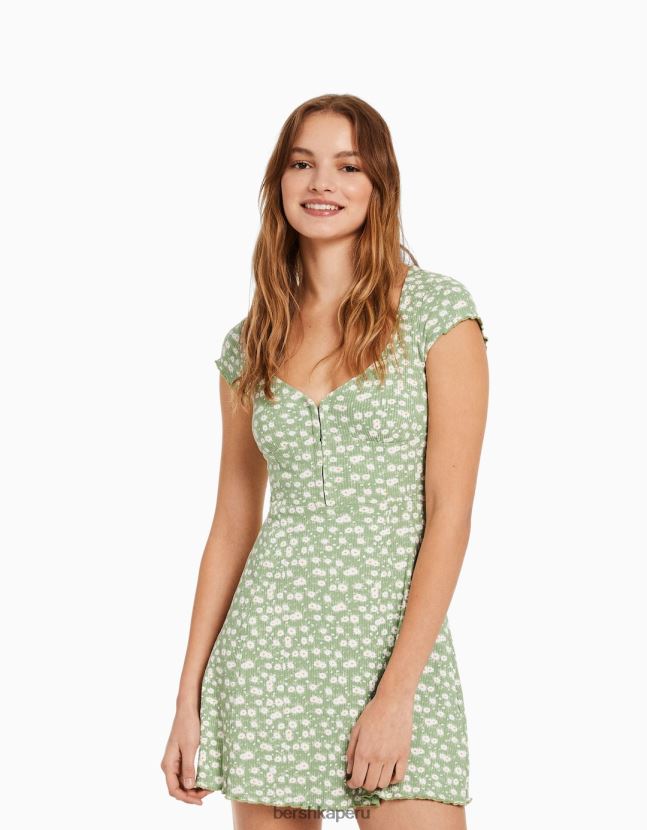 verde Bershka mujer mini vestido estampado de manga corta con escote 806J6B272