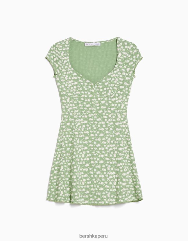 verde Bershka mujer mini vestido estampado de manga corta con escote 806J6B272