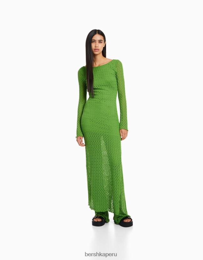 verde Bershka mujer vestido largo de ganchillo con mangas largas 806J6B119
