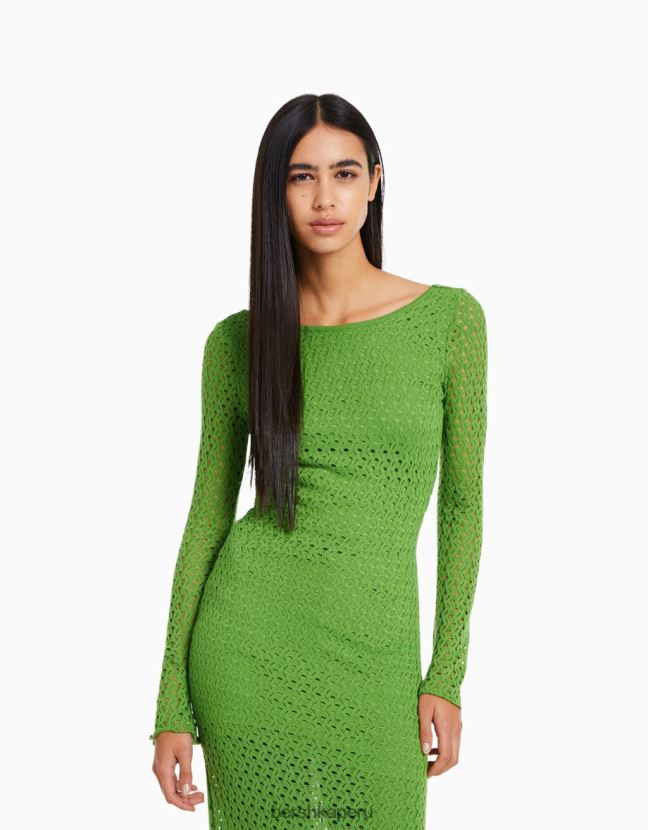 verde Bershka mujer vestido largo de ganchillo con mangas largas 806J6B119