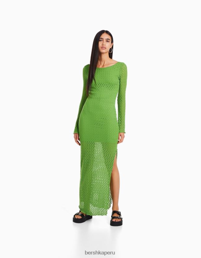 verde Bershka mujer vestido largo de ganchillo con mangas largas 806J6B965