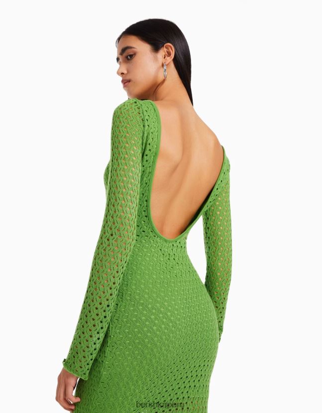 verde Bershka mujer vestido largo de ganchillo con mangas largas 806J6B965