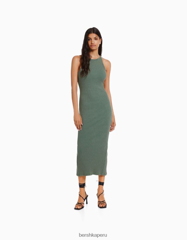 verde Bershka mujer vestido midi de canalé sin mangas 806J6B6