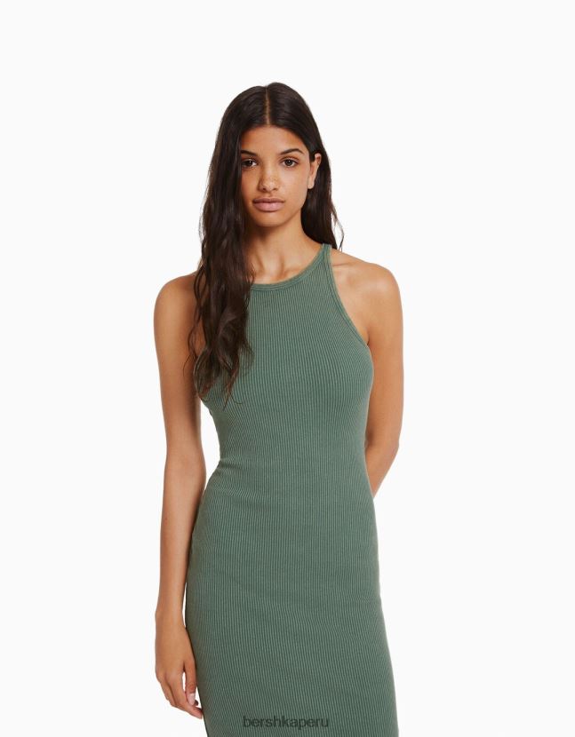 verde Bershka mujer vestido midi de canalé sin mangas 806J6B6
