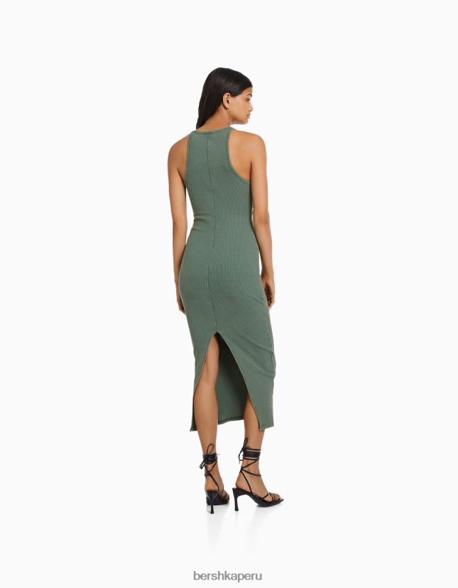 verde Bershka mujer vestido midi de canalé sin mangas 806J6B6