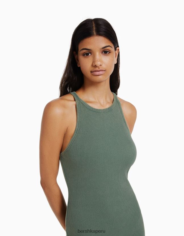 verde Bershka mujer vestido midi de canalé sin mangas 806J6B6