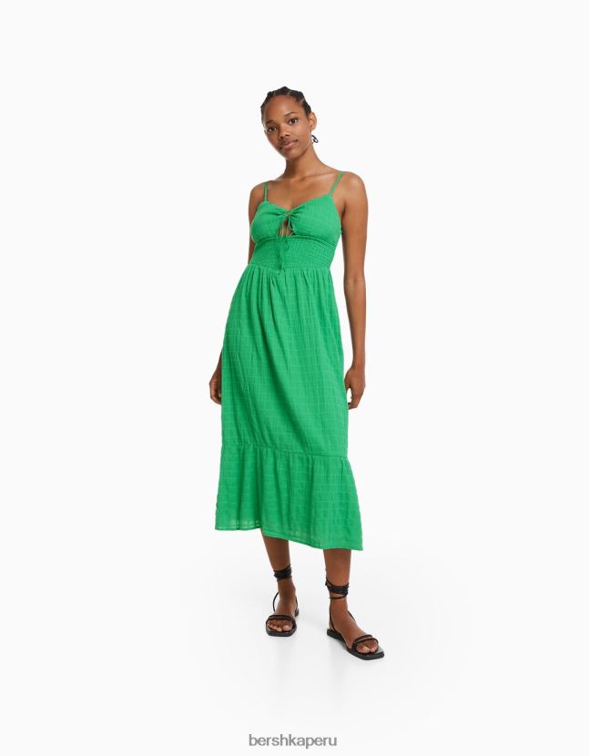 verde Bershka mujer vestido midi de tiras con abertura y volantes 806J6B139