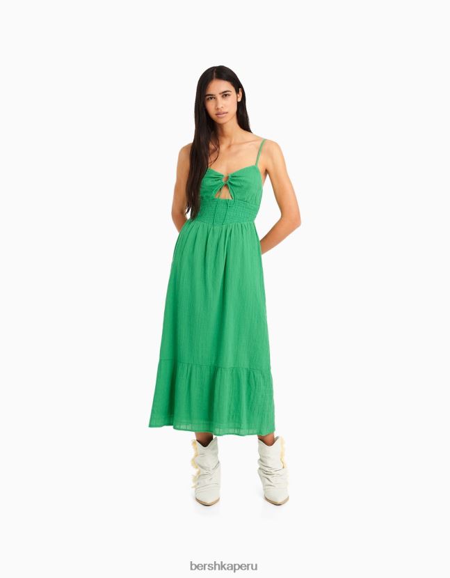 verde Bershka mujer vestido midi de tiras con abertura y volantes 806J6B64
