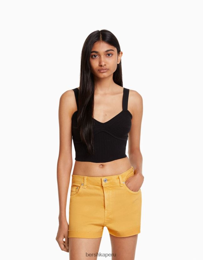 amarillo Bershka mujer shorts de sarga confort con dobladillos vueltos 806J6B1697