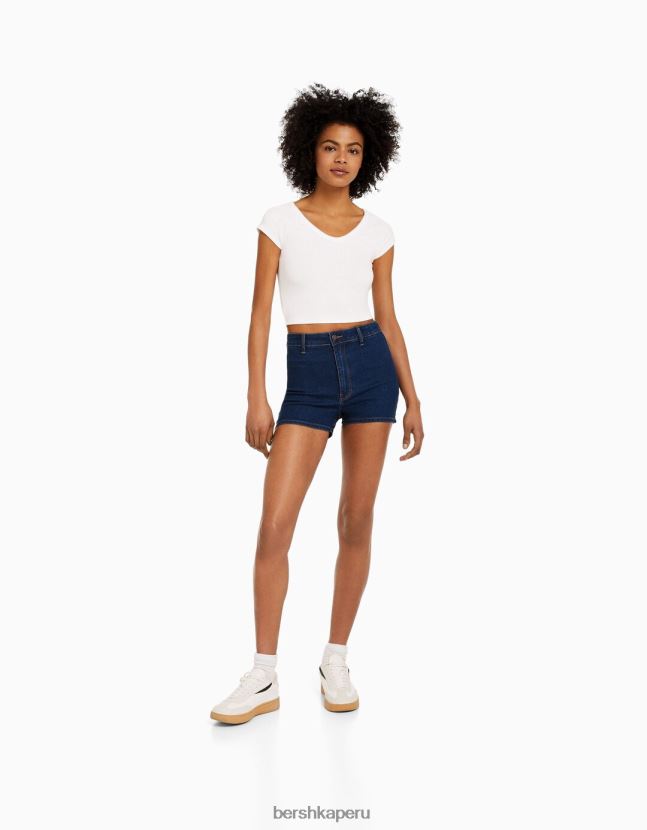 azul Bershka mujer shorts de mezclilla elásticos de tiro alto 806J6B1733