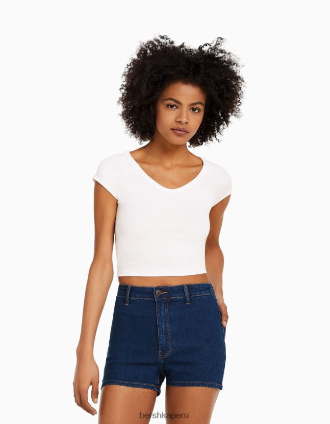 azul Bershka mujer shorts de mezclilla elásticos de tiro alto 806J6B1733
