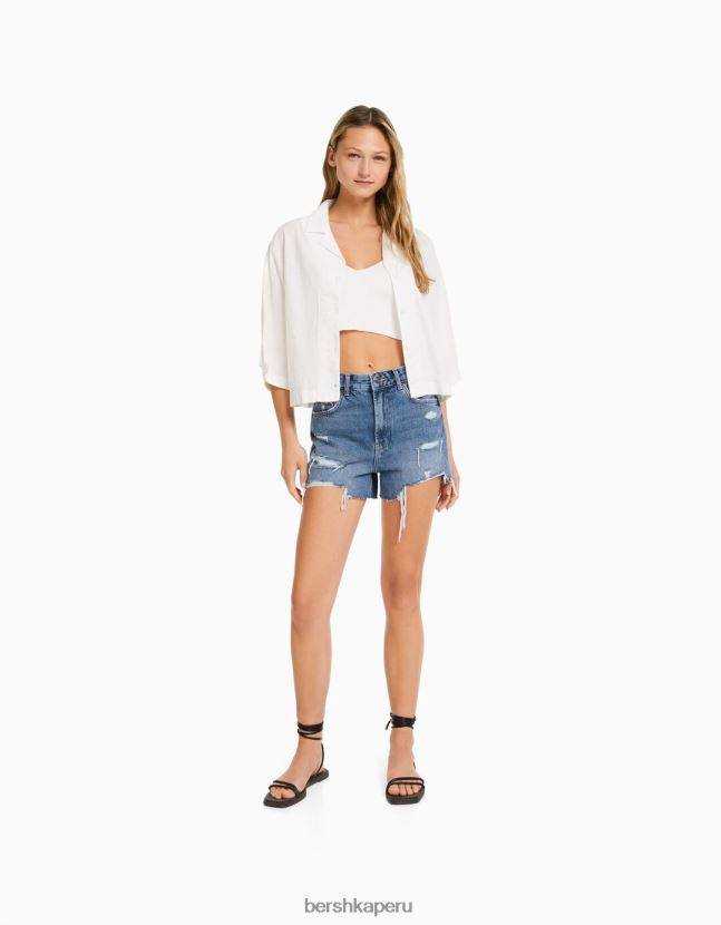 azul Bershka mujer shorts de mezclilla rotos con bolsillos 806J6B1711