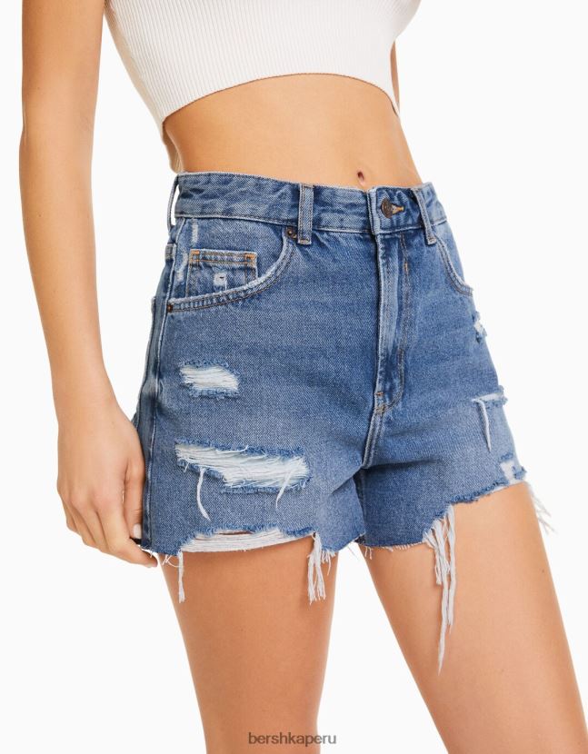 azul Bershka mujer shorts de mezclilla rotos con bolsillos 806J6B1711