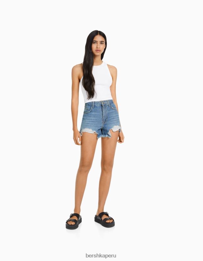 azul claro Bershka mujer shorts de mezclilla brillantes y rasgados 806J6B1714