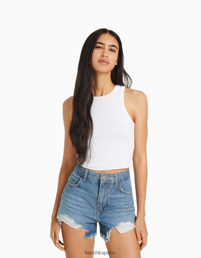 azul claro Bershka mujer shorts de mezclilla brillantes y rasgados 806J6B1714