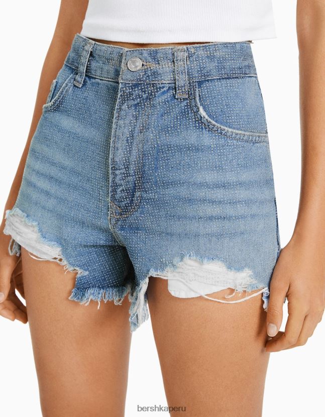 azul claro Bershka mujer shorts de mezclilla brillantes y rasgados 806J6B1714