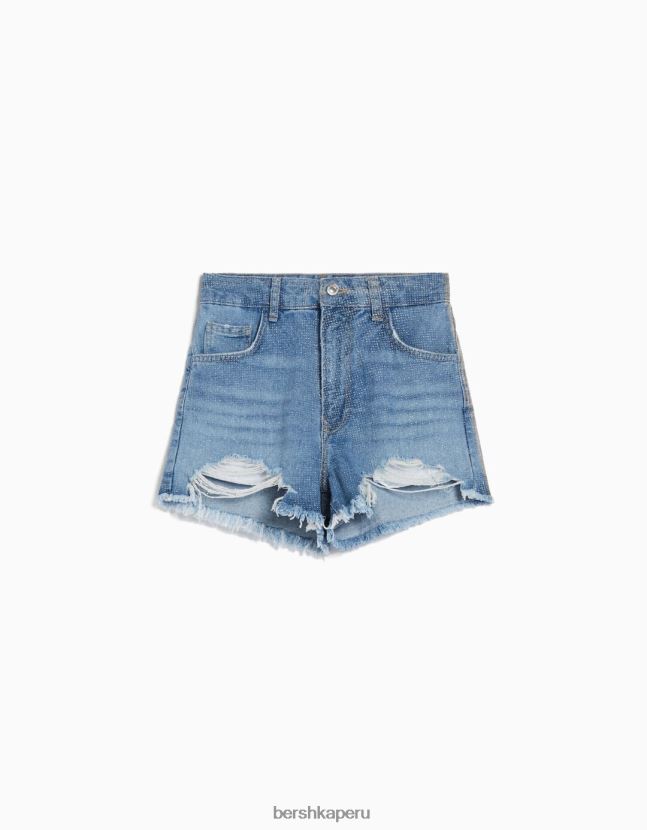 azul claro Bershka mujer shorts de mezclilla brillantes y rasgados 806J6B1714