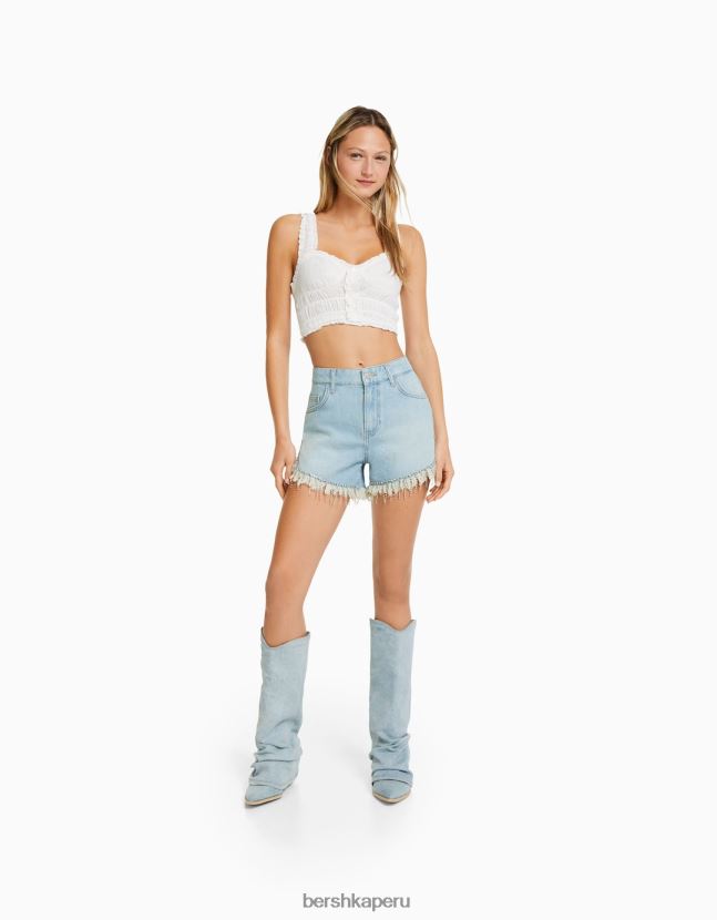 azul claro Bershka mujer shorts de mezclilla con flecos de pedrería 806J6B1715