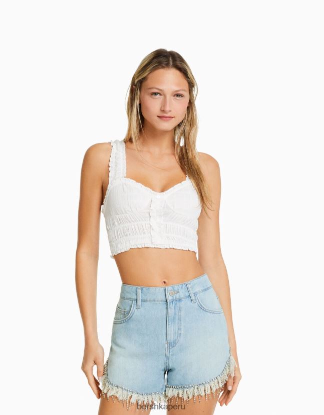 azul claro Bershka mujer shorts de mezclilla con flecos de pedrería 806J6B1715