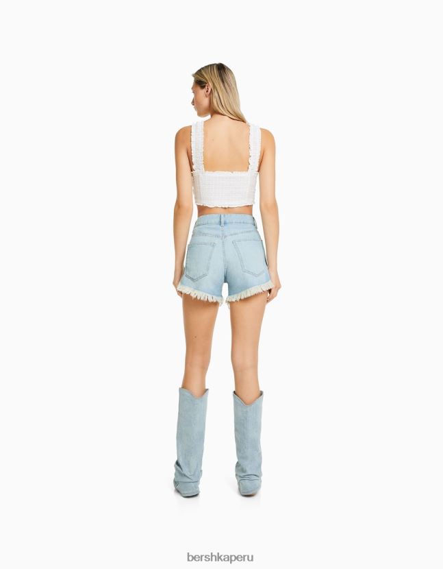 azul claro Bershka mujer shorts de mezclilla con flecos de pedrería 806J6B1715