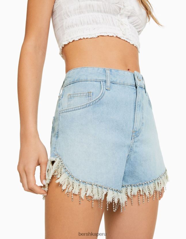 azul claro Bershka mujer shorts de mezclilla con flecos de pedrería 806J6B1715
