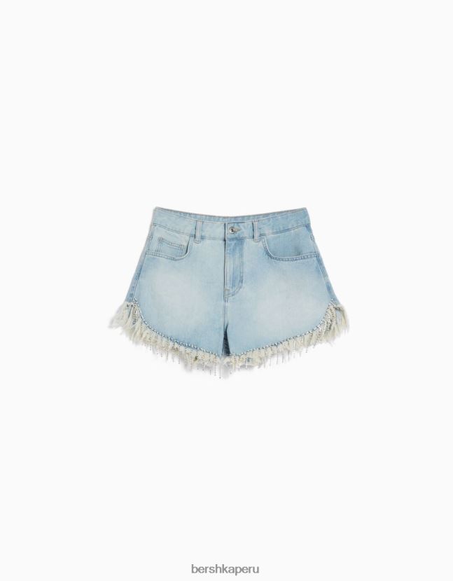 azul claro Bershka mujer shorts de mezclilla con flecos de pedrería 806J6B1715