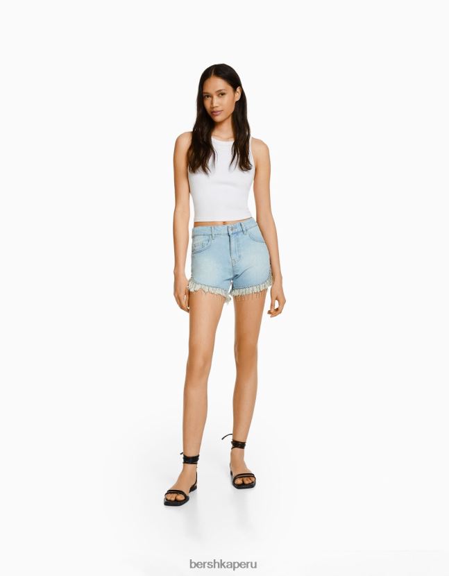 azul claro Bershka mujer shorts de mezclilla con flecos de pedrería 806J6B1924