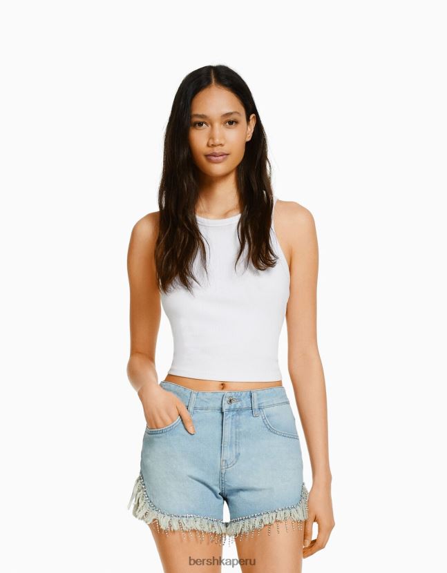 azul claro Bershka mujer shorts de mezclilla con flecos de pedrería 806J6B1924